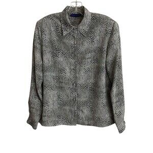 KAREN SCOTT Womens Button Up Top Sz M Black Gray Snake Print Silky Office